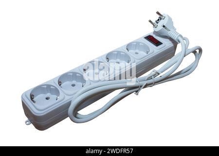 White power extension cord isolated on white background Stock Photo