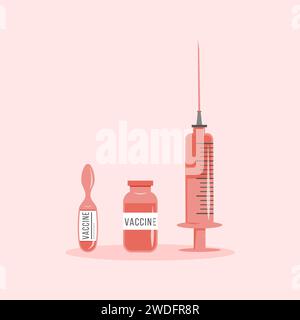 Concept of Coronavirus Vaccine vector illustration isolated on background. Red and pink Vaccine jab bottle, ampoule and syringe injection for immuniza Stock Vector