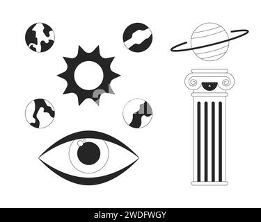 Mysterious cosmos planets black and white 2D line cartoon objects set Stock Vector
