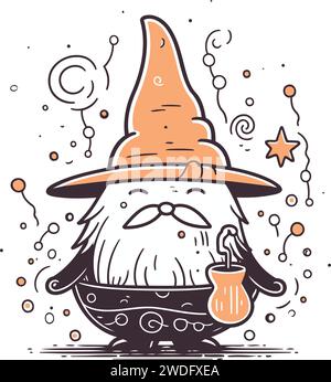Vector illustration of a gnome in a hat and with a magic potion. Stock Vector