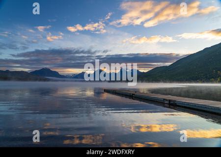 Sunset at Lake McDonald, Apgar village, West Glacier, Glacier National Park, Montana, USA. Stock Photo