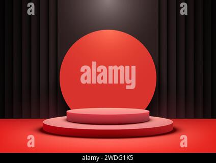 Red podium mockup. Featuring a modern minimalist design and a 3D circle backdrop on black background, this platform is perfect for showcasing your bra Stock Vector