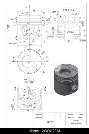 technical drawing of a piston ,a piston is a component of reciprocating engines. Stock Photo