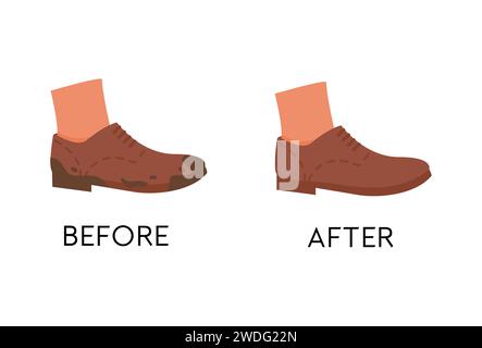 Before and After Dirty Shoe Cleaning Service. Unclean and clean footwear care. Brown color flat sole trendy shoes. Muddy and polished boots. Vector fl Stock Vector
