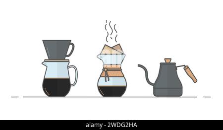 A gooseneck coffee kettle. Chemix. Set of icons of alternative coffee brewing methods for cafe menu.. Design in flat style of pour over coffee maker. Stock Vector