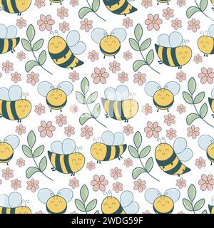 Bees and flowers spring summer seamless pattern. Cute bees on flowering meadow background. Baby characters print for textile, packaging, paper Stock Vector