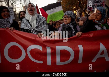 Barcelona, Spain. 20th Jan, 2024. Demonstrators shout slogans in protest of Israel's continued attacks on the Gaza Strip, which led to numerous deaths among civilians. They are reacting to an attack on October 7 by the Islamist organization Hamas. Credit: Matthias Oesterle/Alamy Live News Stock Photo