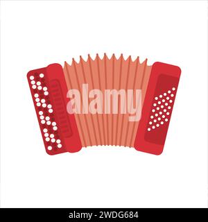Chromatic Button Accordions or Russian Bayan. Vector red color Diatonic Melodeon. Cartoon Accordion, Harmonic or Jews-harp. Flat Folk Ethnic Musical I Stock Vector