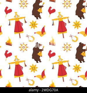 Seamless Pattern for Maslenitsa Pancake Festival. A bear playing on balalaika. Scarecrow with straw head, folk ethnic sun, bublik, sweet cockerel, fir Stock Vector