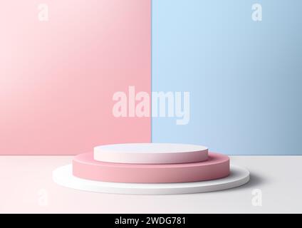 3D podium mockup. Featuring a soft blue and pink pastel color scheme and a minimalist design. Vector illustration Stock Vector