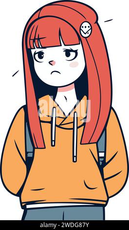 Girl in hoodie with sad expression. Vector illustration in flat style Stock Vector