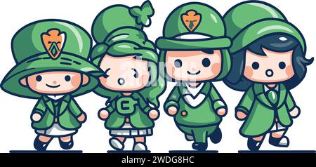 Cartoon vector illustration of a group of soldiers in green uniforms. Stock Vector
