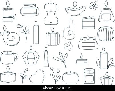 Set cozy interior candles doodle sketch style. Candles of different shapes for spa, ritual, heating, decor, religion. Hand drawn ink collection Stock Vector