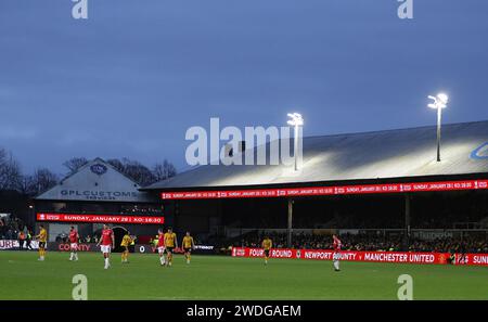 Newport, UK. 20th Jan, 2024. A general view at Rodney Parade as the advertising boards promote the FA cup 4th round match against Manchester Utd. EFL football league two match, Newport county v Wrexham at Rodney Parade in Newport, Wales on Saturday 20th January 2024. this image may only be used for Editorial purposes. Editorial use only, pic by Andrew Orchard/Andrew Orchard sports photography/Alamy Live news Credit: Andrew Orchard sports photography/Alamy Live News Stock Photo