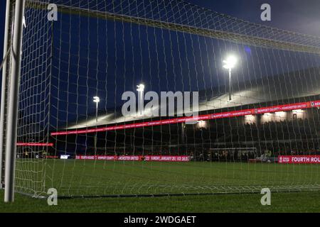 Newport, UK. 20th Jan, 2024. A general view at Rodney Parade as the advertising boards promote the FA cup 4th round match against Manchester Utd. EFL football league two match, Newport county v Wrexham at Rodney Parade in Newport, Wales on Saturday 20th January 2024. this image may only be used for Editorial purposes. Editorial use only, pic by Andrew Orchard/Andrew Orchard sports photography/Alamy Live news Credit: Andrew Orchard sports photography/Alamy Live News Stock Photo