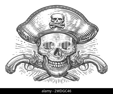 Pirate Skull in cocked hat and crossed flintlock pistols. Jolly Roger with guns. Hand drawn vintage vector illustration Stock Vector