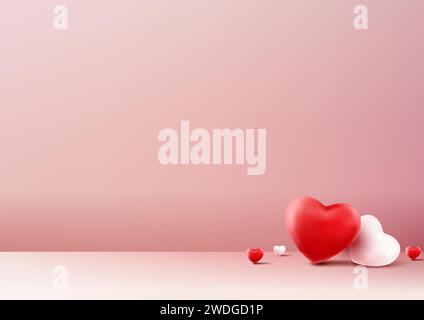 Valentine's Day 3D mockup features realistic red and white hearts on a soft pink background. Vector illustration Stock Vector