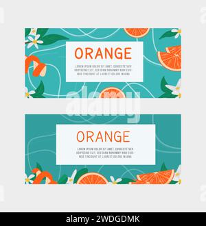 Set of horizontal banner, label templates for orange fruit juice, aromatherapy or citric product with slice of grapefruit and blossom flowers and leav Stock Vector