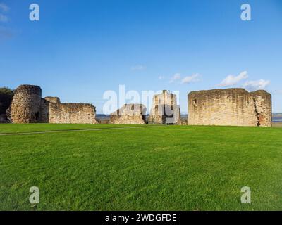 Front view of the ruined walls of Flint Castle, with it's unique outer donjon design, Flint, Flintshire, Wales, UK Stock Photo