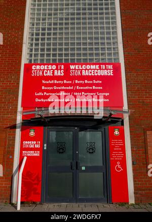 Entrance to the Macron Stand, Stok Racecourse Ground, Mold Road, Wrexham, Wales Stock Photo