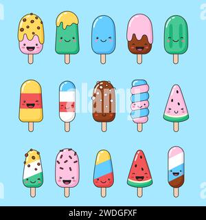 Set of simple smiling ice cream, eskimo, popsicle illustrations. Summer, dessert with face, cute vector cartoon drawings. Stock Vector