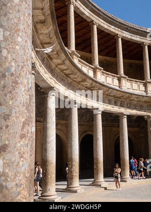 Stone arcades and Neoclassical columns in the oldest bullring in Spain.  Opened in 1785, now used once a year for the September Feria..  Ronda, Spain. Stock Photo