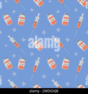 Seamless repeat pattern for Coronavirus jab. Vaccine bottle and syringe with orange color injection on blue background. Concept of Covid 19 vaccinatio Stock Vector