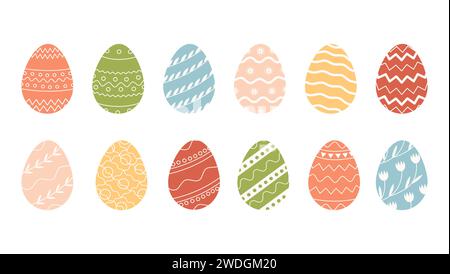 Bundle of decorated Easter eggs isolated on white background. Collection of colored symbols for religious spring holiday with various ornaments. Seaso Stock Vector