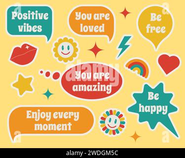 Set of colored speech bubble stickers with motivational quotes. Vector. Stock Vector