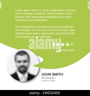 Simple white minimalistic client user customer testimonial review card layout template with photo placeholder and sample, message in green speech bubb Stock Vector
