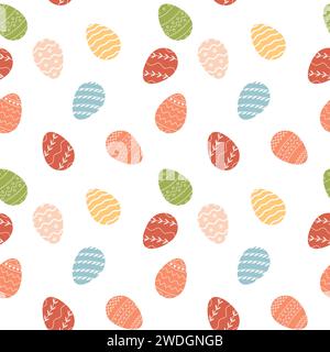 Happy Easter seamless pattern with decorated various ornaments of eggs on white background. Festive print or web design. Flat vector for spring religi Stock Vector