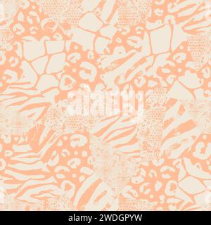 Trendy imitation sewn pieces Peach Fuzz color fabric in patchwork style. Hand drawn modern collage seamless pattern. Safary texture with animals print Stock Photo
