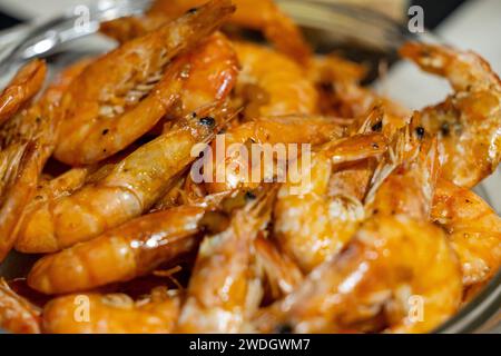 Close-up of grilled shrimp in a glass bowl Stock Photo