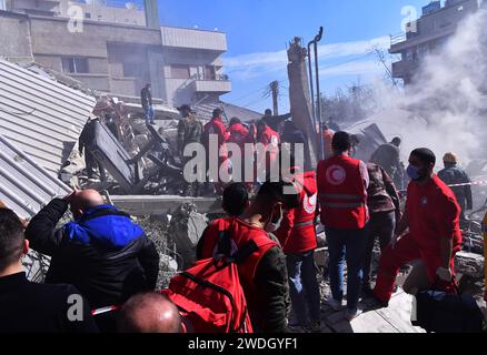 Damascus, Syria. 20th Jan, 2024. Rescuers work at the site of a collapsed building after an Israeli missile attack in the Mazzeh neighborhood of Damascus, Syria, Jan. 20, 2024. Earlier on Saturday, Iran's Islamic Revolutionary Guard Corps (IRGC) said that five of its members serving as military advisers in Syria as well as several Syrian forces and civilians were killed in the Israeli missile attack on the Mazzeh neighborhood of Damascus. Credit: Ammar Safarjalani/Xinhua/Alamy Live News Stock Photo
