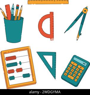 Math education, knowledge, school subjects of rulers calculator abacus compasses and stationery Stock Vector