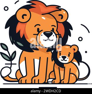 Lion and lioness. Vector illustration in flat cartoon style. Stock Vector