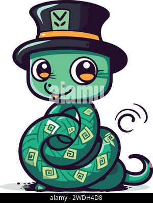 Cute cartoon snake in top hat and green bandana. vector illustration. Stock Vector