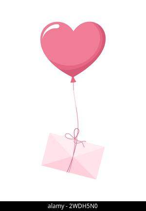 Flying pink heart balloon with an envelope on a string, isolated on white background. Flat vector illustration Stock Vector