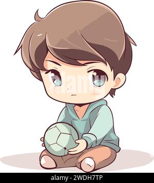 Cute little boy sitting and holding soccer ball. vector illustration. Stock Vector