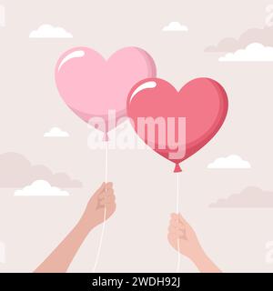 Two hands holding big pink heart balloons on a beige cloudy background. Flat vector illustration Stock Vector