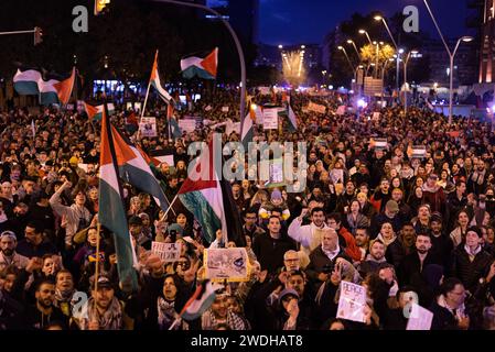 Barcelona, Spain. 20th Jan, 2024. Crowds of protesters during the demonstration. People took part in demonstrations in solidarity with Palestine and Gaza in Spain main cities. Under the slogan 'Stop the genocide in Palestine', protesters are calling for an immediate ceasefire and a stop to Israel bombings in Palestine, and against the support of western countries to Israel. Credit: SOPA Images Limited/Alamy Live News Stock Photo