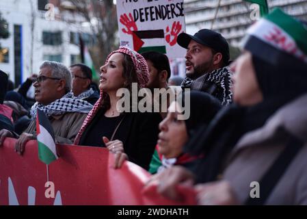 Barcelona, Spain. 20th Jan, 2024. Protesters take part during the demonstration. People took part in demonstrations in solidarity with Palestine and Gaza in Spain main cities. Under the slogan 'Stop the genocide in Palestine', protesters are calling for an immediate ceasefire and a stop to Israel bombings in Palestine, and against the support of western countries to Israel. Credit: SOPA Images Limited/Alamy Live News Stock Photo