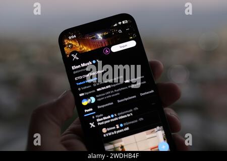 Chile. 20th Jan, 2024. In this photo illustration, a man displays the profile of the owner of X, Elon Musk on his smart phone. (Photo by Lucas Aguayo Araos/SOPA Images/Sipa USA) *** Strictly for editorial news purposes only *** Credit: Sipa USA/Alamy Live News Stock Photo