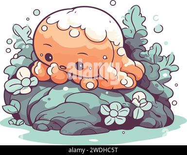 Illustration of a Cute Cartoon Jellyfish on a Rock with Flowers Stock Vector
