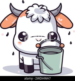 Cute cartoon cow with a bucket of milk. Vector illustration. Stock Vector