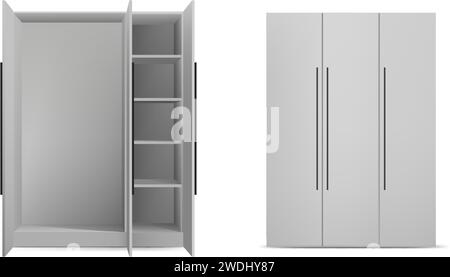 realistic vector icon set. White dress cupboard with two doors opened and shelves and closed. Isolated on white background. Stock Vector