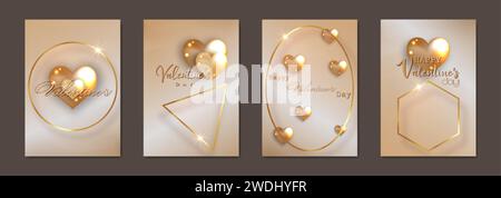 Happy Valentines day set card. 3D glossy gold glass hearts on luxury paper background. Holiday poster with golden geometric frames, jewels. Stock Vector