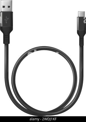 realistic vector icon. Black charging usb cabel. Isolated on white. Stock Vector