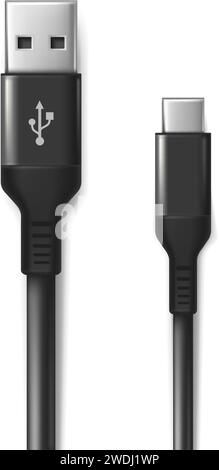 realistic vector icon. Black USB cabel. Isolated on white background. Stock Vector