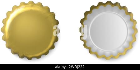 realistic vector icon. Golden crown bottle caps top and bottom view. Isolated on white background. Stock Vector